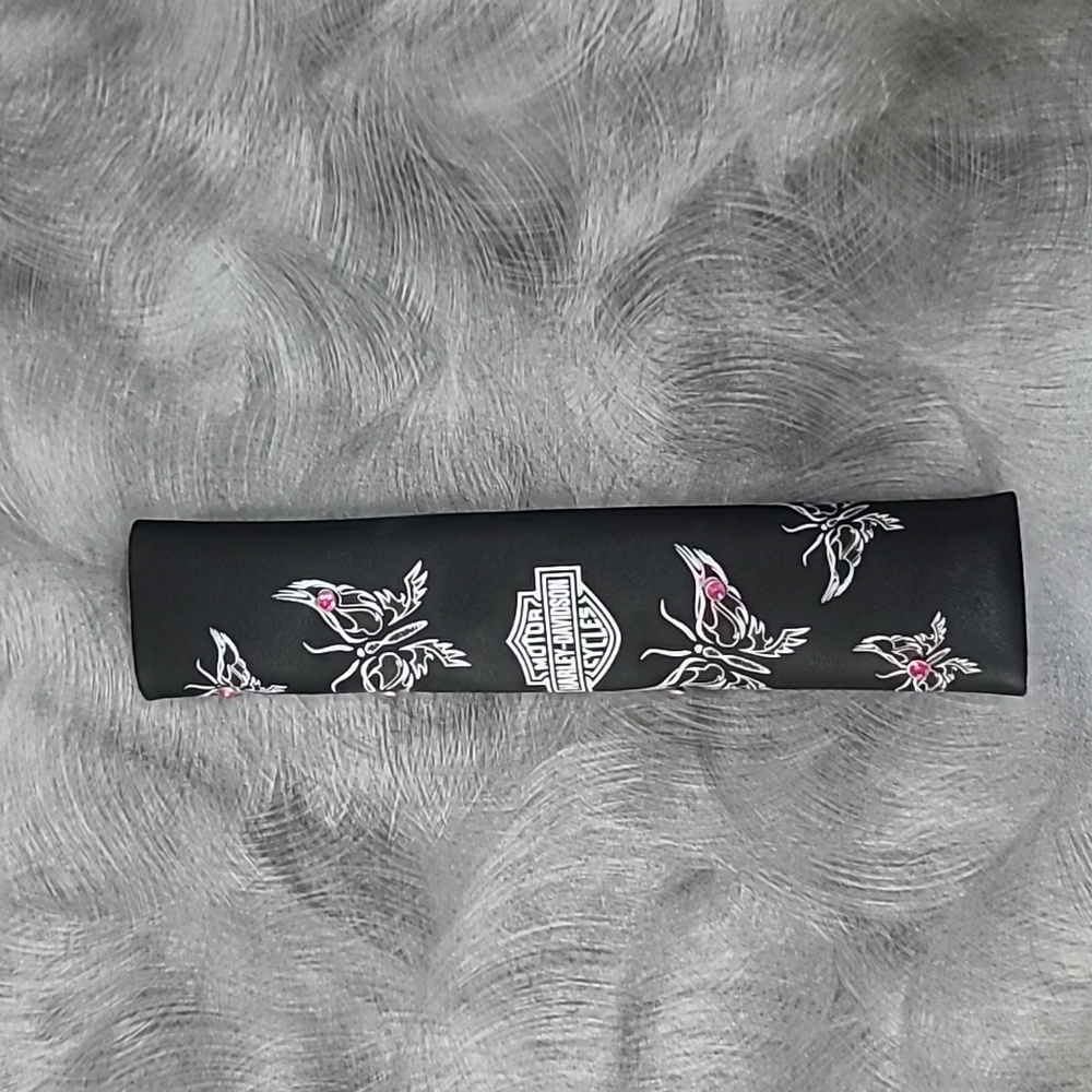 Harley Davidson 8" leather hair glove Black with Butterflies and Pink stones